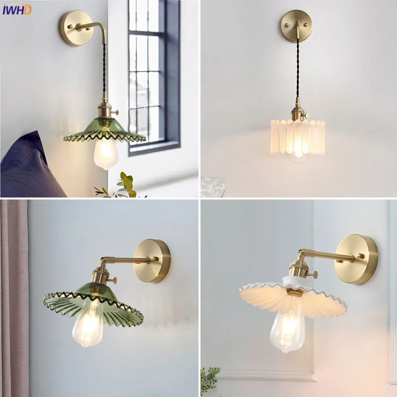Luminárias para Casa Iluminação de Parede Lâmpada de Parede do Banheiro Espelho de Luz da Escada de Vidro Iwhd Nórdico Japão Retro Luzes Quarto Cobre Wandlamp 14 Parede Do Banheiro Espelho de Luz Da