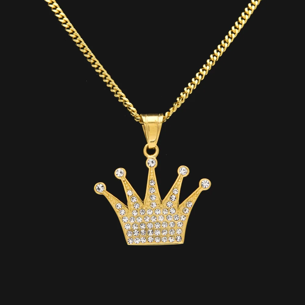 Stainless Steel iced out gold color Crown pendant necklace 60cm cuban