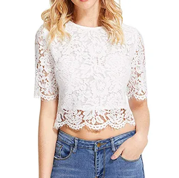 

Blouse Women Summer Women Summer Short Sleeve Sexy Sheer Zip Up Mesh Floral Lace Crop Top Blouse Blusas Mujer Dames Kleding
