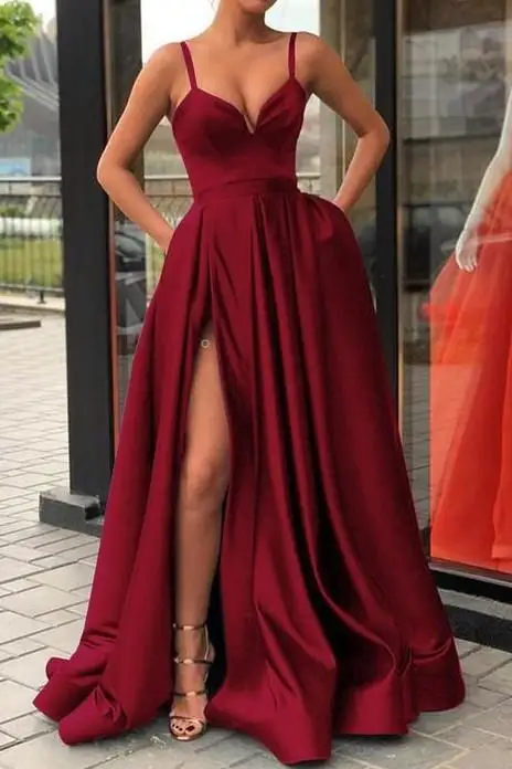 Online Nach Maß Abendkleid mit High Slit Satin Royal Blue Spaghetti trägern Schatz Lange Abendkleid 2020