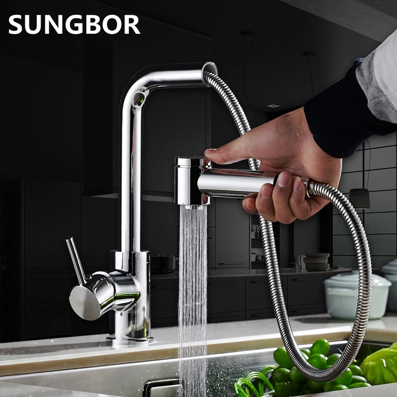 Chrome Kitchen Faucets hot and cold Single Handle Pull Out faucet for Kitchen 360 Degree Swivel mixer Water 3 ways water Tap
