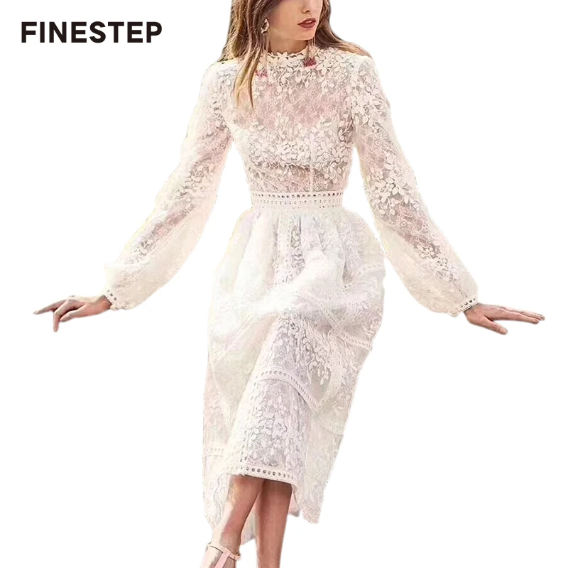 

Spring white Dresses for Women High Quality Women White Elegant Dress Lace Embroidery Dresses 2019 Ladies Long Dress with Sleeve
