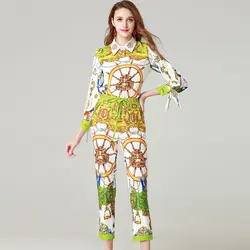 Модный дизайнерский комплект Женский отложной воротник с длинным рукавом Бисер винтажная рубашка с принтом Блузка + брюки-карандаш костюм