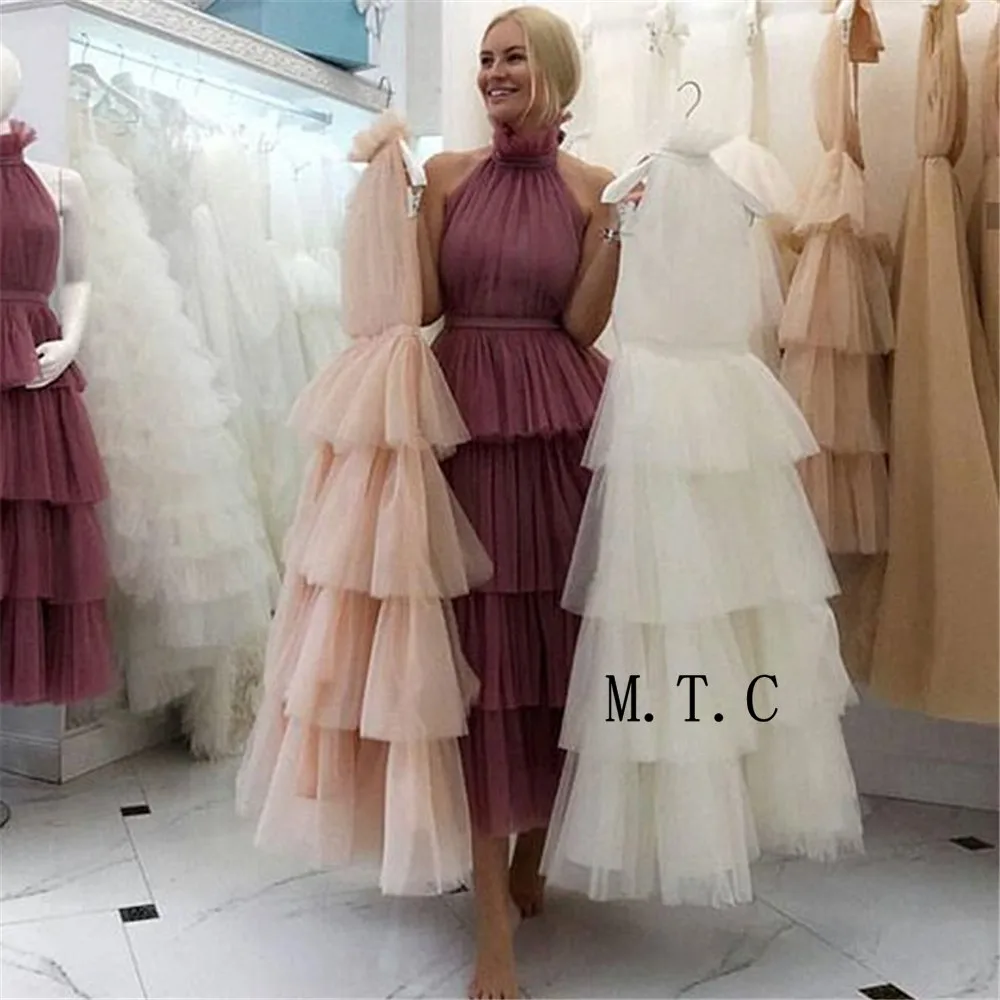 

2019 Hot Selling Tiered Tulle Prom Dresses High Neck A Line Long Evening Party Gown Custom Made Women Occasion Dress Cheap