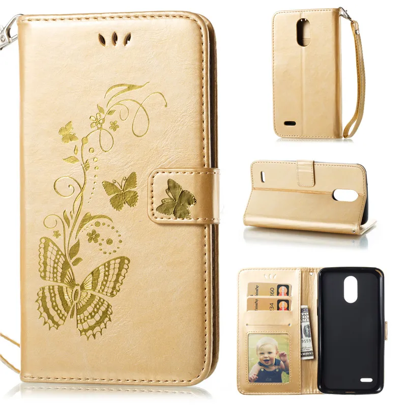 

Flip Cover For LG Stylo 3 LS777 Case Gold stamp Golden butterfly PU Leather Photo Frame Wallet Stand Mobile Phone Bags