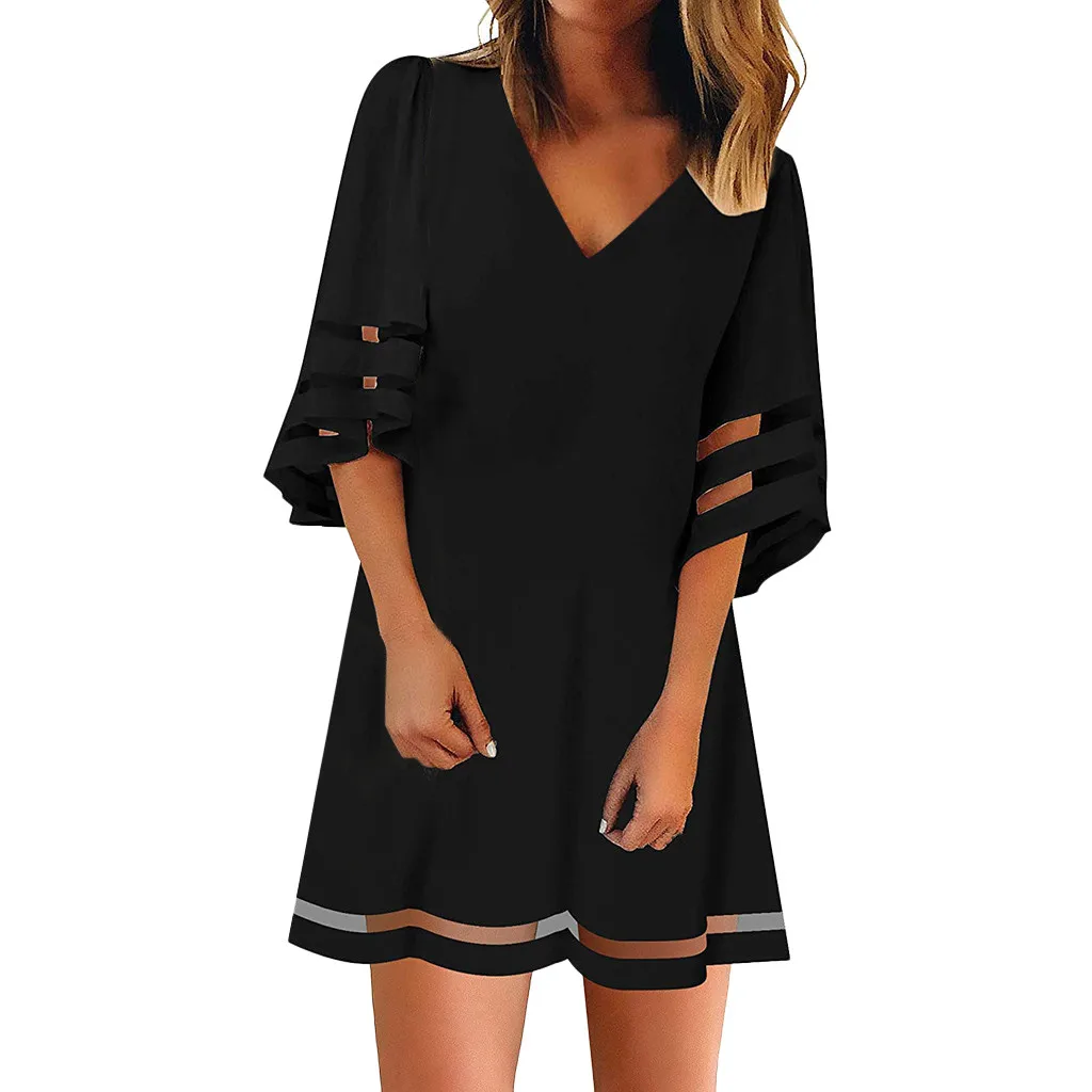 

V-Neck large size Autumn Dress Mesh Panel Blouse 3/4 Sleeve Loose Autumn Dresses Top Shirt Dress vestido elbise sukienka #4
