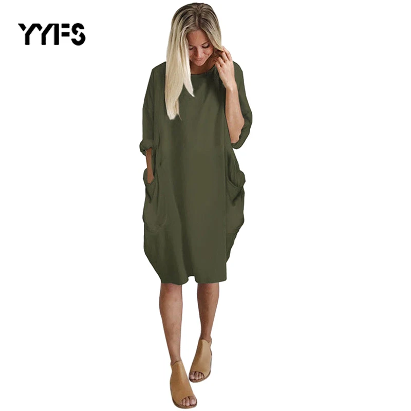 

YYFS Womens dresses Pocket Loose Dress Autumn Ladies Crew Neck Casual Long girl Tops Dress female fashion big vestido 5XL femme