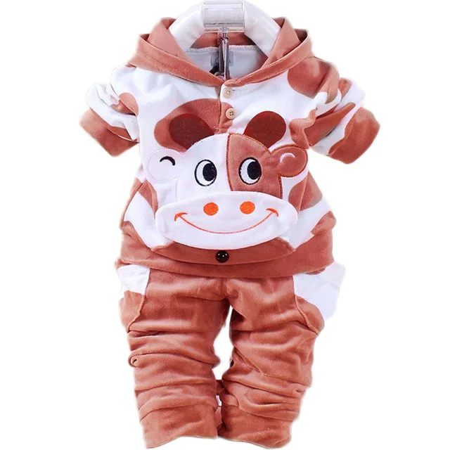 Boys Baby Girls Clothing Set Velvet Newborn Clothes Suit Kids Cartroon Cow Hello Kitty Hooded Toddler Tracksuit Children Clothes