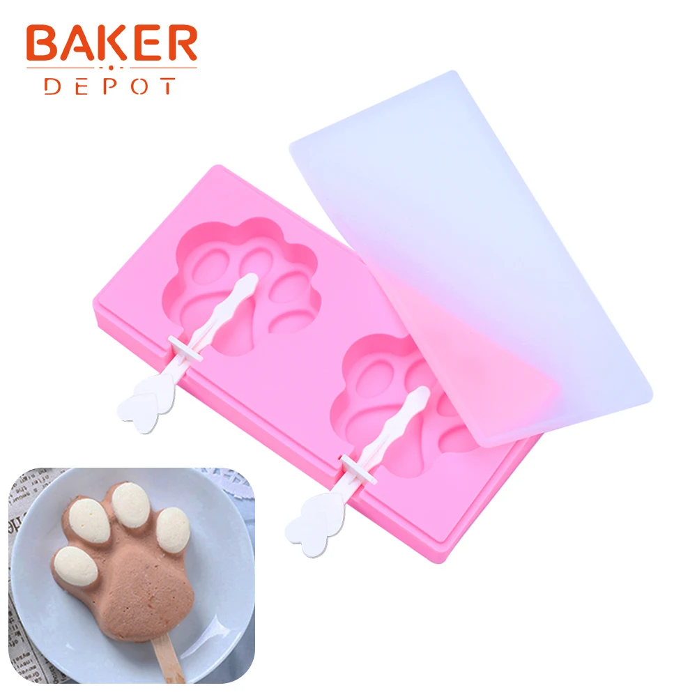 

BAKER DEPOT Silicone Molds for ice cream cat paw ice lolly mould DIY ice cube tray chocolate pudding molds 2 hole with stick