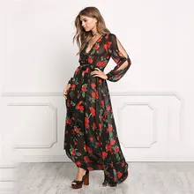 RUBU Summer Womens Long Maxi Dress New Arrival Ladies Boho V-neck Hollow Long Sleeve Split Rose Flowers Tropical Print Dresses
