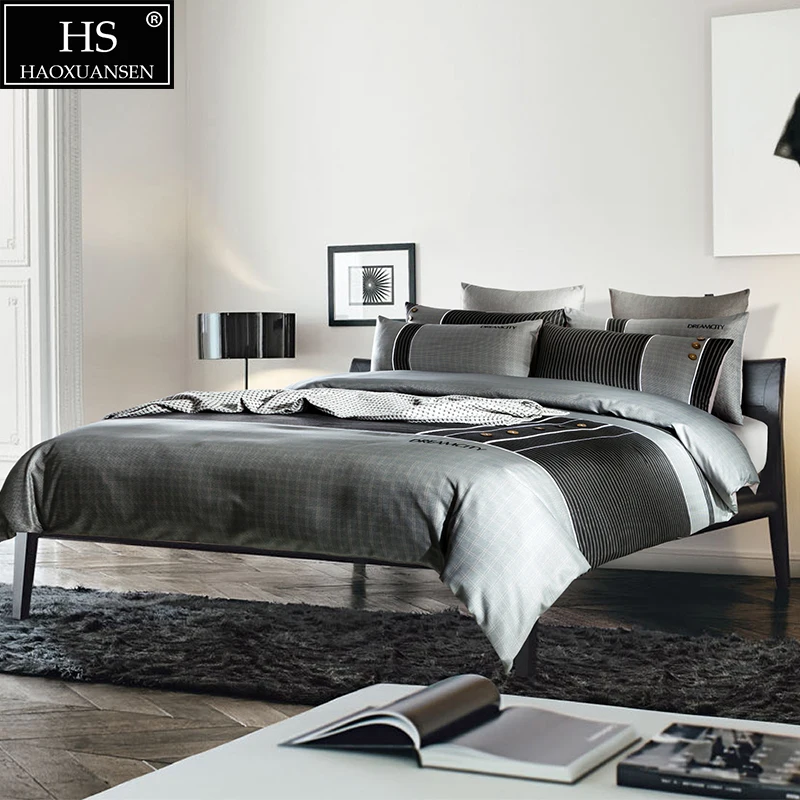 

6PCS Combed Cotton Simple Business Bedding Sets Queen King Size Quilt Cover Fitted Sheet Pillow cases Office Lady Men's Leisure