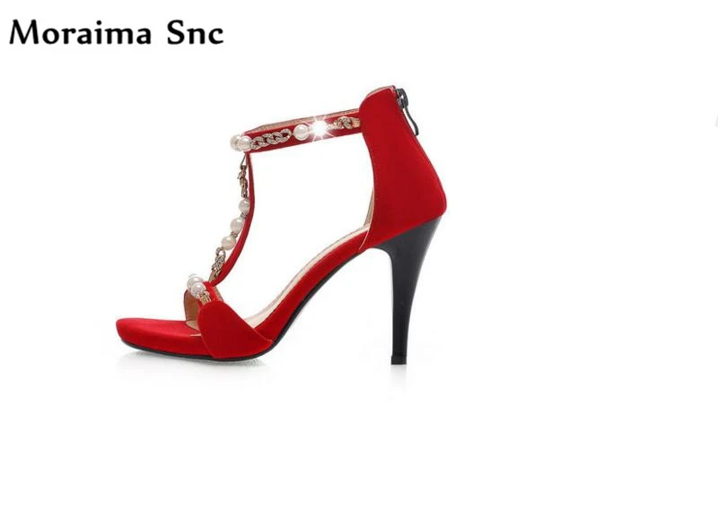 

Moraima Snc 2018 newest women sandals vintage suede open toe sexy thin high heels side zipper pears crystal T-tied red sandals