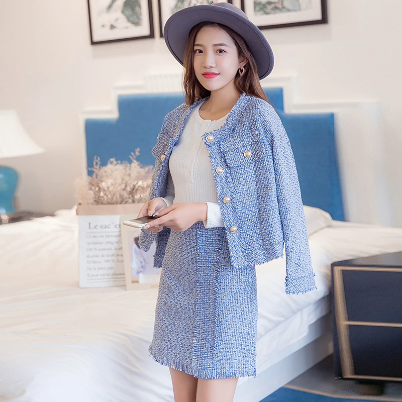 Female Tweed suits Women's Set New Vintage Elegant Temperament OL Package hip skirt Sexy Skirt |