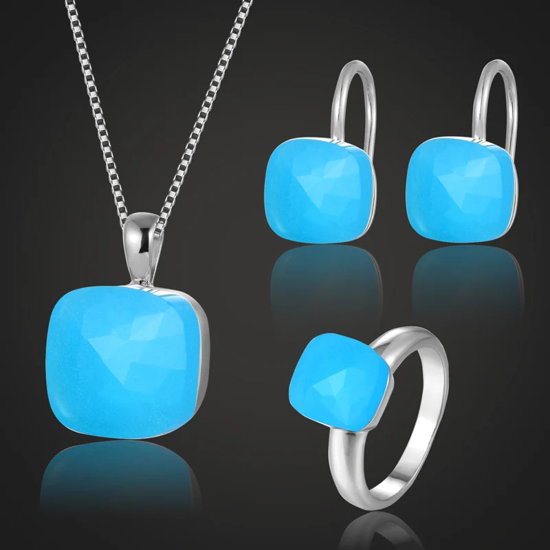 

Zlxgirl Brand Copper Blue opal Wedding Pendant Jewelry Sets Brides Party Fashion Russian Design Bridal Necklace earring Ring