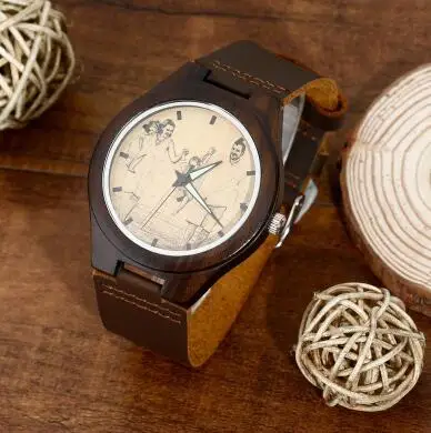 Мужские Выгравированные деревянные фото часы коричневый кожаный ремешок-печать по требованию для Shopify дропшиппинг