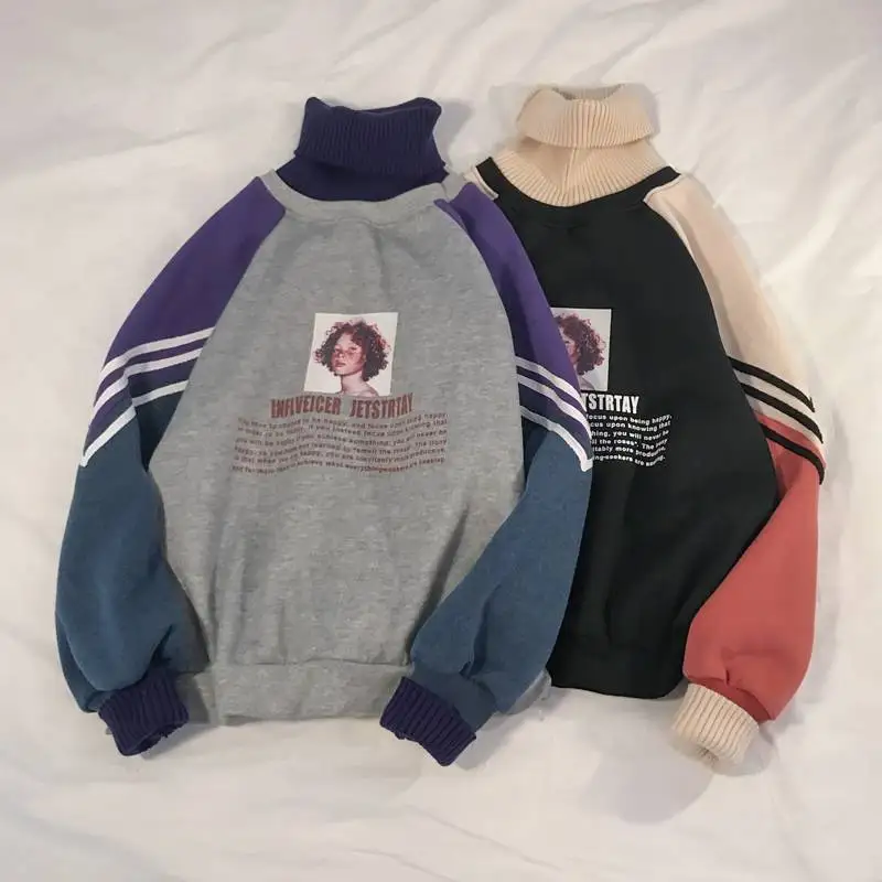 

2019 Hoodie Sweatshirt Women Winter Oversize Tops Fashion Pattern Printed Sweatshirt Autumn Turtleneck Outerwear Warm Pullover
