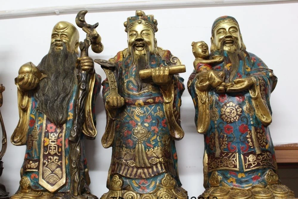 

24"Chinese Folk Bronze Cloisonne Three Longevity God " Fu Lu Shou " Buddha Statu