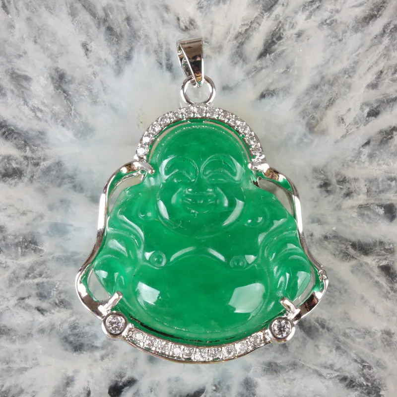 

NEW 30X25MM Imperial Green Jades Carved Buddha Inlaid Rhinestone Pendant 1PCS