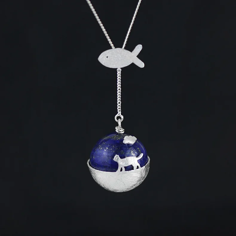 

INATURE 925 Sterling Silver Jewelry Necklaces Natural Lapis Lazuli Animal Cat Pendant Necklace