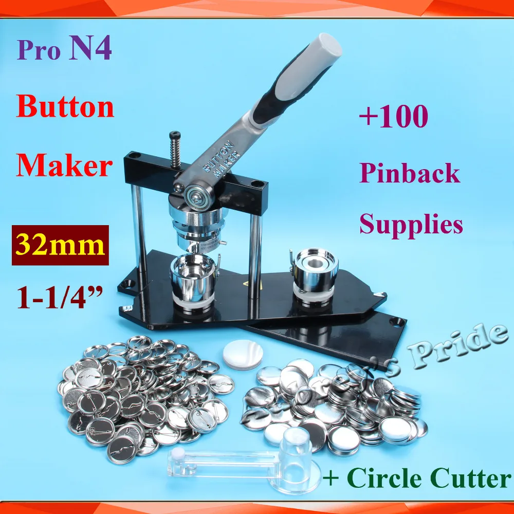 

NEW Pro N4 1-1/4":32mm Badge Button Maker Machine + Adjustable Circle Cutter+100Sets Metal Pinback Button Supply
