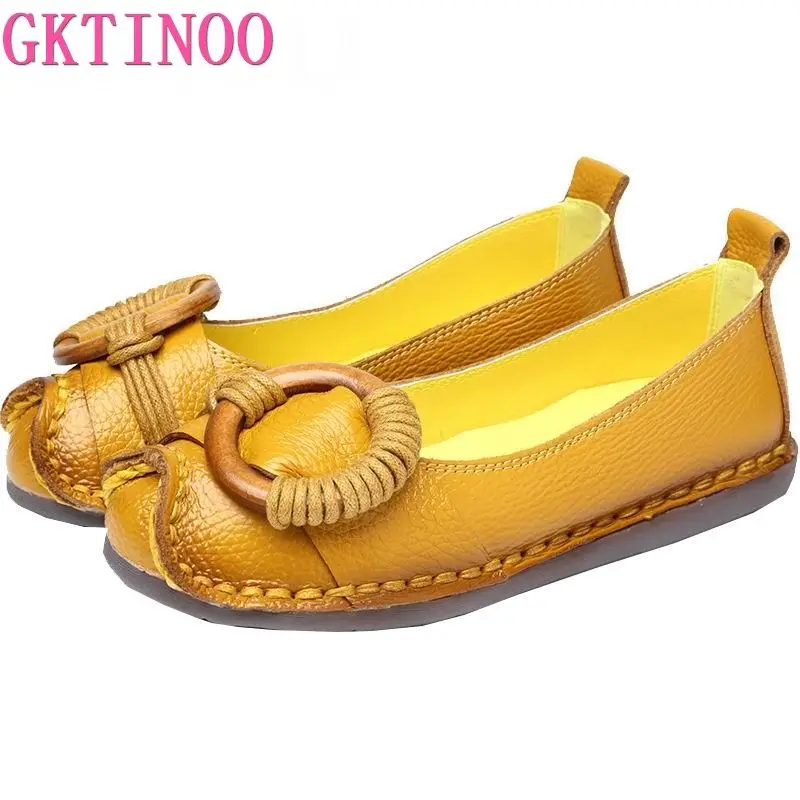 GKTINOO Retro Style Handmade Genuine Leather Loafers Shoes Women Spring Round Toe Soft Slip-On Casual Lady Flat Shoes