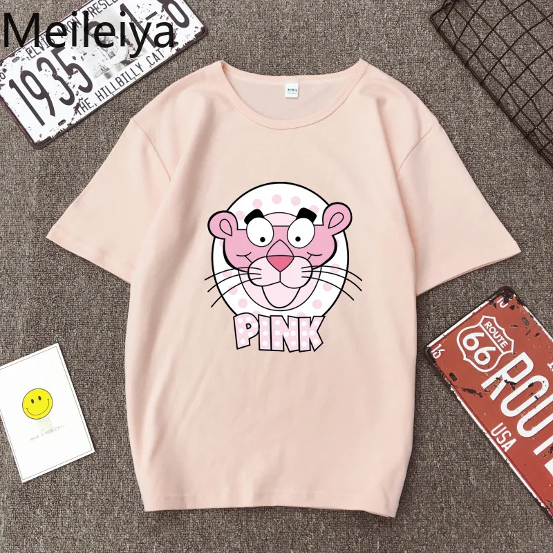 

Lovers'Summer Tshirt Pink Panther Short Sleeve T-shirt Woman Pink Harajuku Large Size Loose Cartoon Half Sleeve 2019 New Style