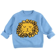 Вязаные свитера для маленьких мальчиков и девочек милые пуловеры с рисунком льва синяя детская осенне-зимняя одежда возраст от 12 месяцев до 6 лет GW88