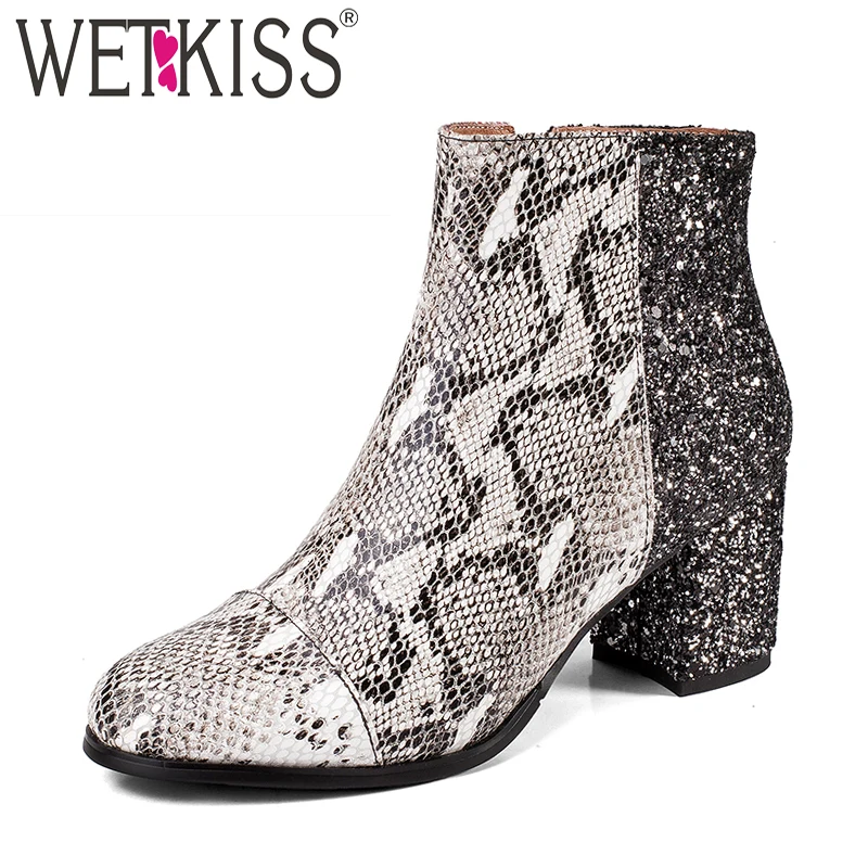 

WETKISS Snake Print Women Boots Round Toe Zip Bling Footwear Cow Leather Female Boot Autumn Thick High Heels Shoes Women 2018