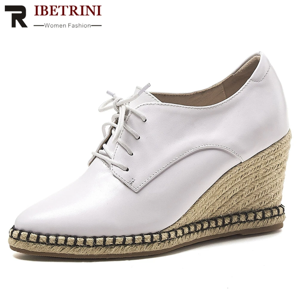 

RIBETRINI Hot Sale Genuine Cow Leather Pumps Wedges Shoes Woman Spring Autumn Casual Lace Up Footwear women's Shoes Woman