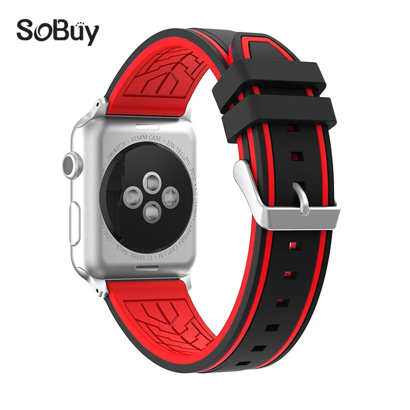 

So buy for Apple Watch Sport 1/2/3 Series 38mm band 42mm Silicone Wrist Strap Stainless Steel Adapter for iwatch rubber Bracelet