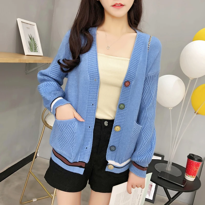 

Cardigans For Women Striped Patchwork Pockets Single-Breasted Long Sleeve Sweaters V-neck Casual Knitted Cardigan Jumper Y8113