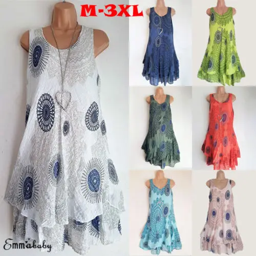 

2018 Summer Women Sleeveless Casual Loose Floral Mini Shirt Floral Dresses Beachwear Pretty Plus Size
