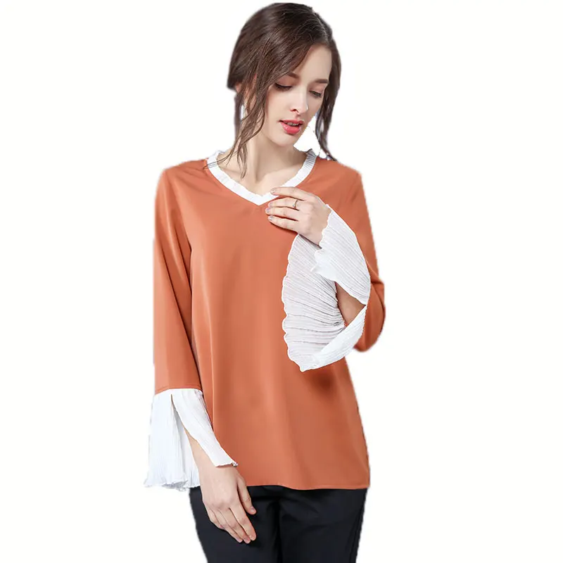 plus size chiffon shirt 2018 new fashion bow V neck light orange shirt