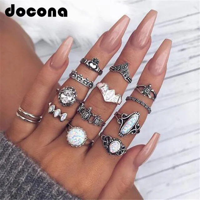 docona Vintage Opal Tortoise Crown Shape Knuckle Midi Rings for Women Bohemian C docona Vintage Opal Tortoise Crown Shape Knuckle Midi Rings for Women Bohemian C