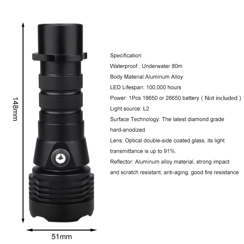 Мощный 1000 люмен 3-режимный L2 светодиодный Дайвинг вспышки светильник подводный 80 м фонарь дайвер светильник Портативный Фонари IP68 из водонепроницаемого материала