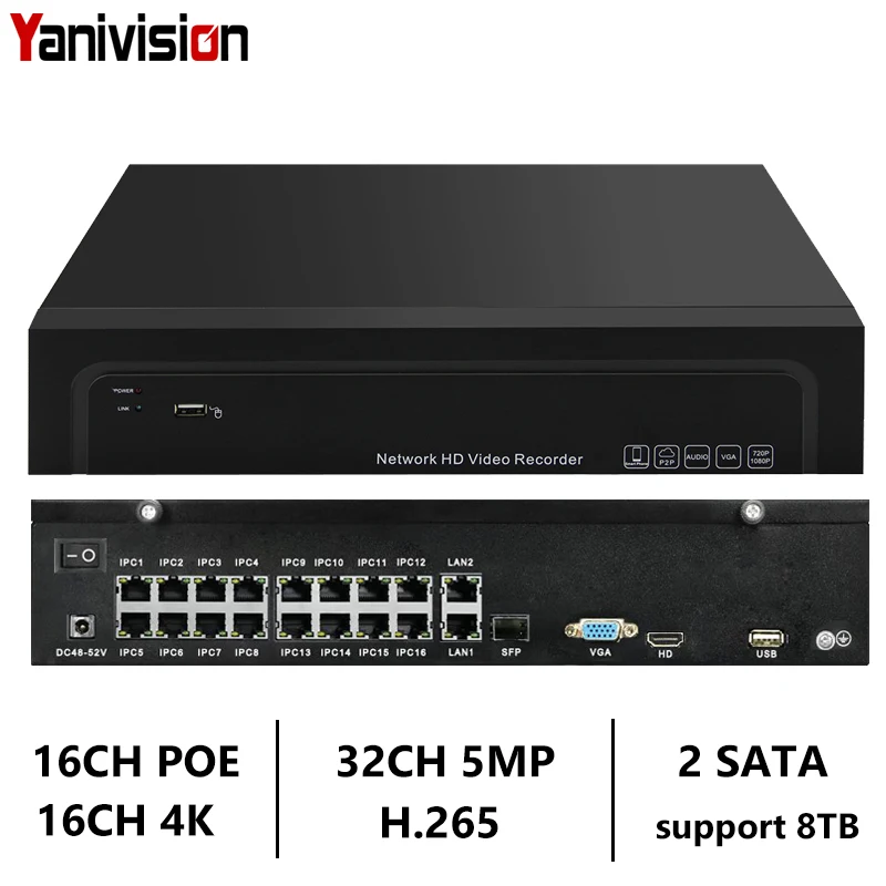 Видеорегистратор NVR H.265/H.264 16 каналов 4K POE 32 канала 5 0 МП ONVIF UHD IP камера наблюдения