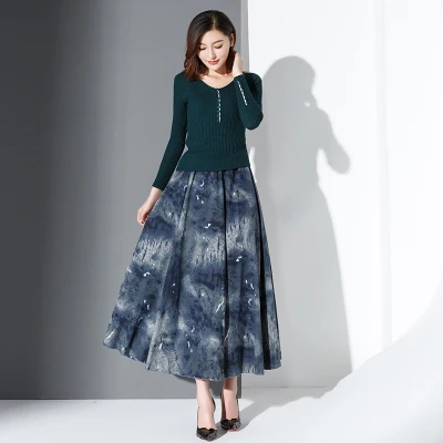Шерстяная юбка для осени и зимы, женская плиссированная юбка, цветочный принт, стройнящая элегантная длинная юбка