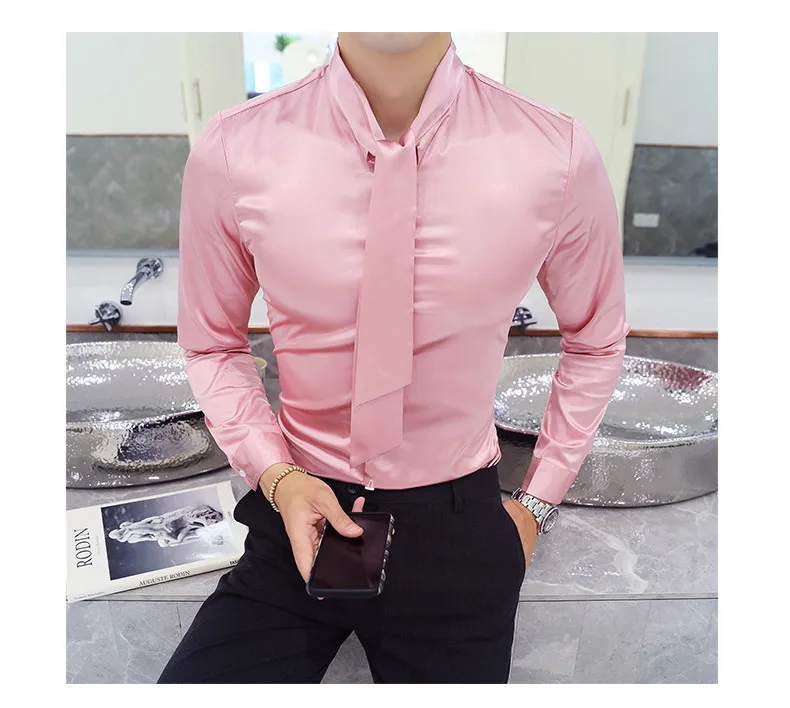 Рубашки Для мужчин розовый Camisa Masculina Slim Fit рубашки для Для мужчин s шелк Для мужчин s смокинг рубашки с галстуком платье с длинным рукавом клуб наряды