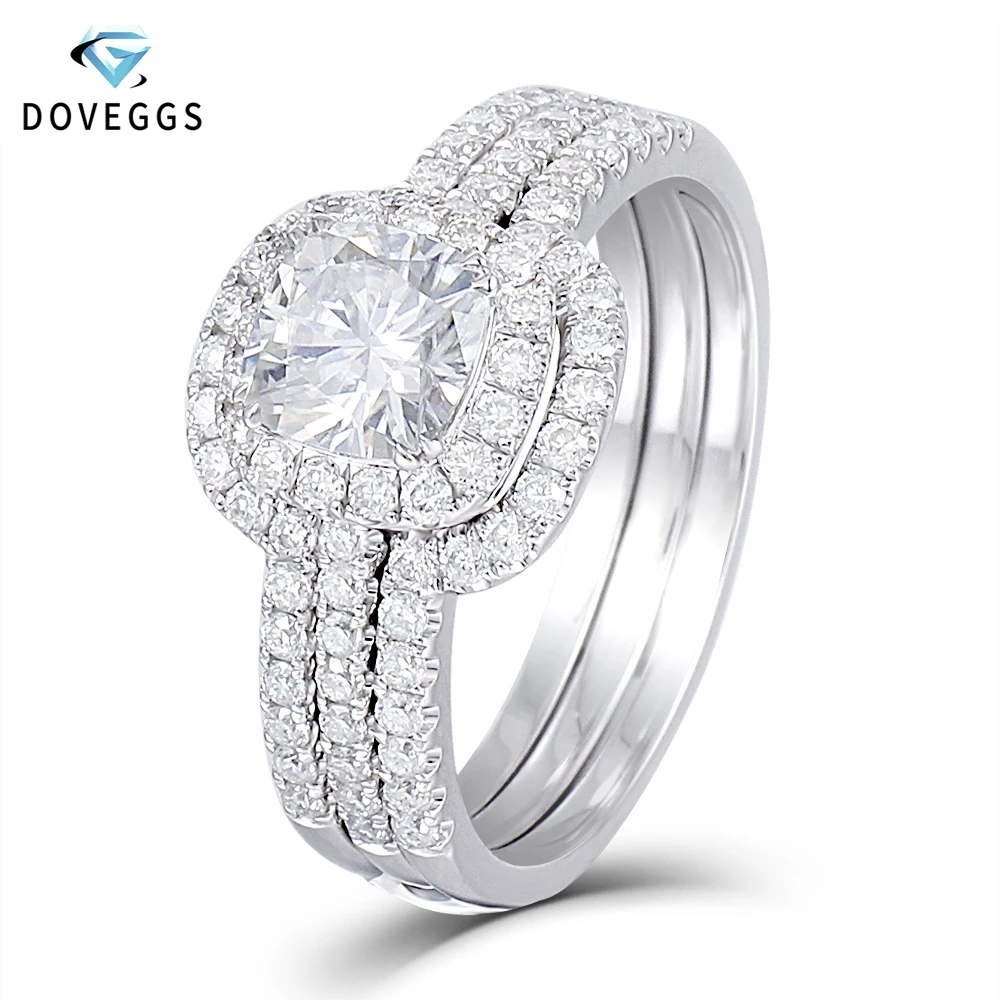 

DovEggs Center 1ct Carat 6mm Cushion Cut F Color Moissnaite 14K White Gold Bridal Engagement Ring Set for Women Wedding Gift