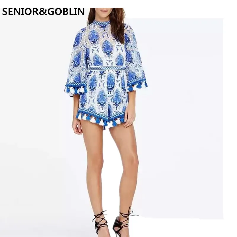 

2019 newly arrived female fashion runway high quality body femme Blue tassel embroidery jumpsuits