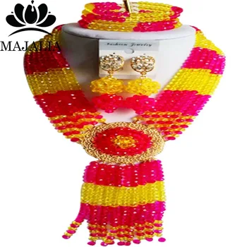

Majalia Classic Nigerian Wedding African Jewelry Set Hot pink and Yellow Crystal Necklace Bride Jewelry Sets 6CF001