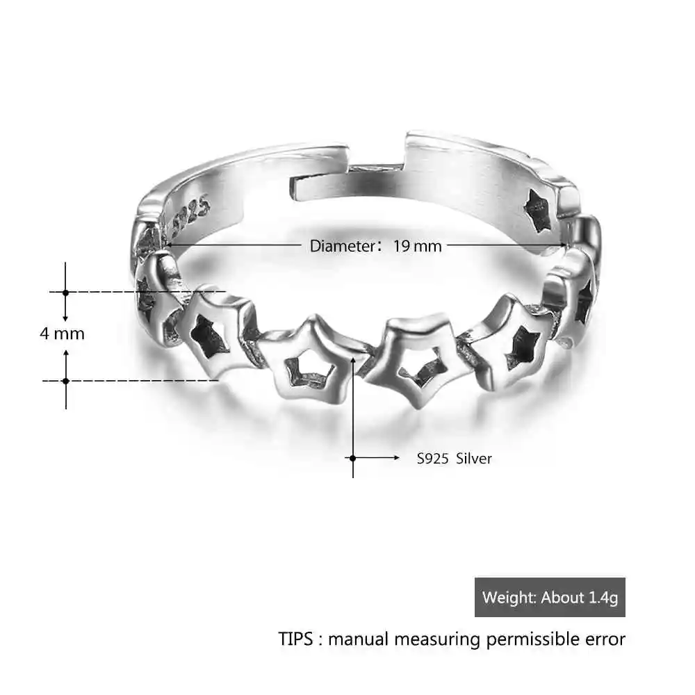 New Women Real 925 Sterling Silver Ring Open Adjustable Finger Ring with Stars Vintage Style Gift to Girls JewelOra RI102696