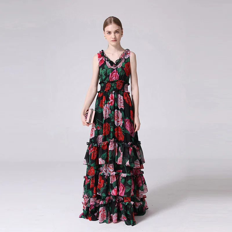 

Brand new design Bohemian dress 2019 summer runways V neck layered dress 60% SILK elegant women's sleeveless maxi dress A269