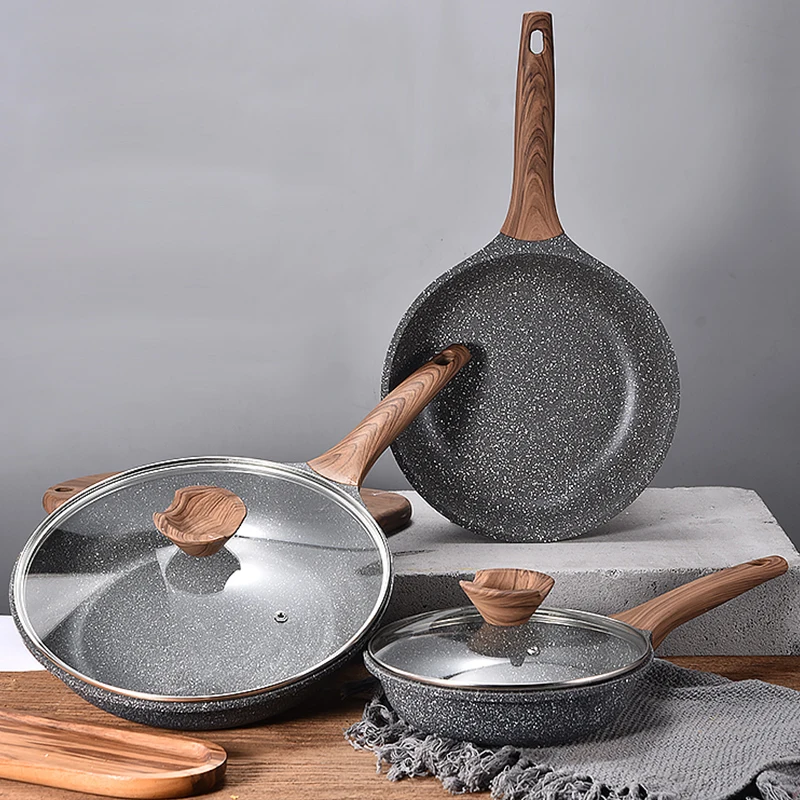 

20CM-28CM Non-stick Skillets Aluminum Alloy Frying Pan Medical Stone Coating Cooking Pot & Glass Lid For Gas Incuction Cooker