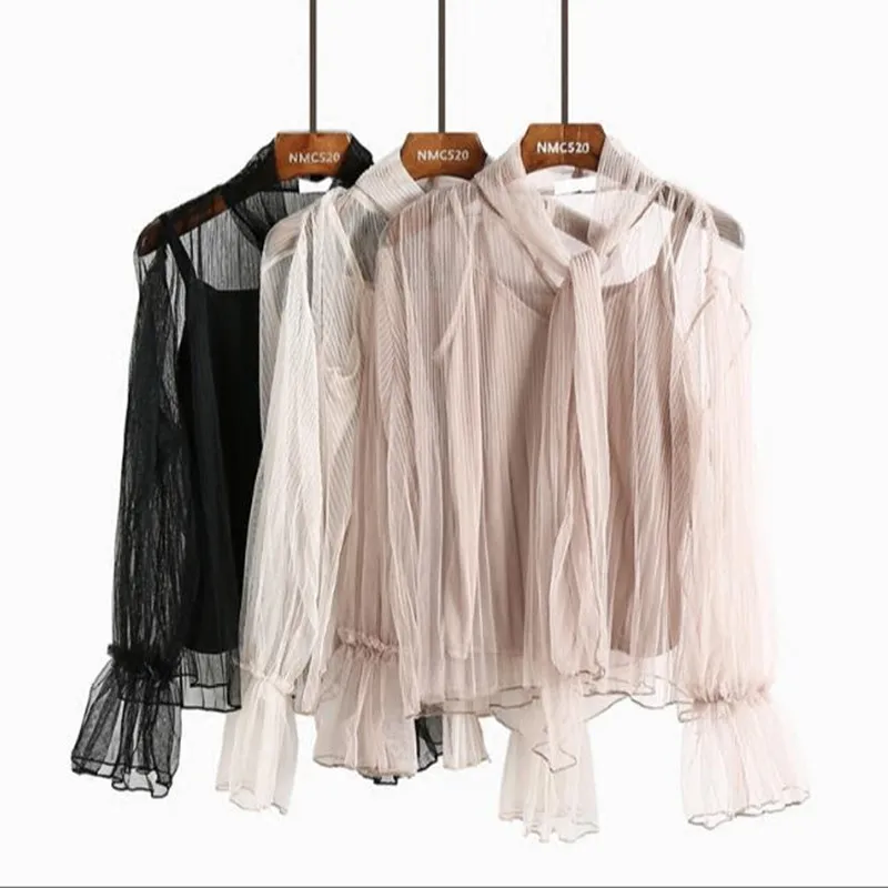

Women's Clothing 2018 Women Clothing Wild Sweet Temperament Trumpet Sleeve Bud Silk Yarn Two Pieces Shirt Women
