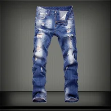 Top quality mens washed and bleached fashion trend distressed jeans trousers personality ripped broken hole denim