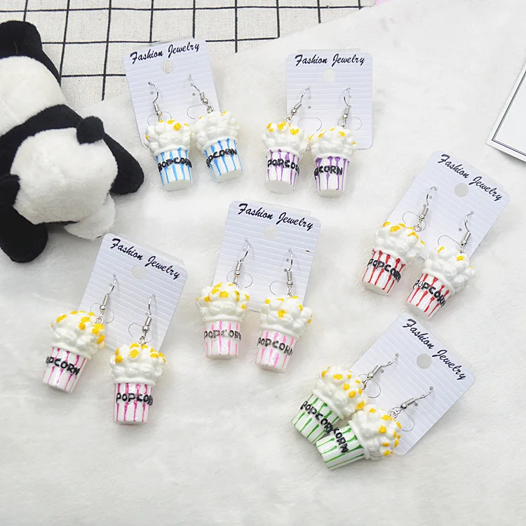 Cute Korean Style Resign Cartoon Popcorn Dangle Earrings Funny Creative Foods Earring for Women Girls Brincos Ear D