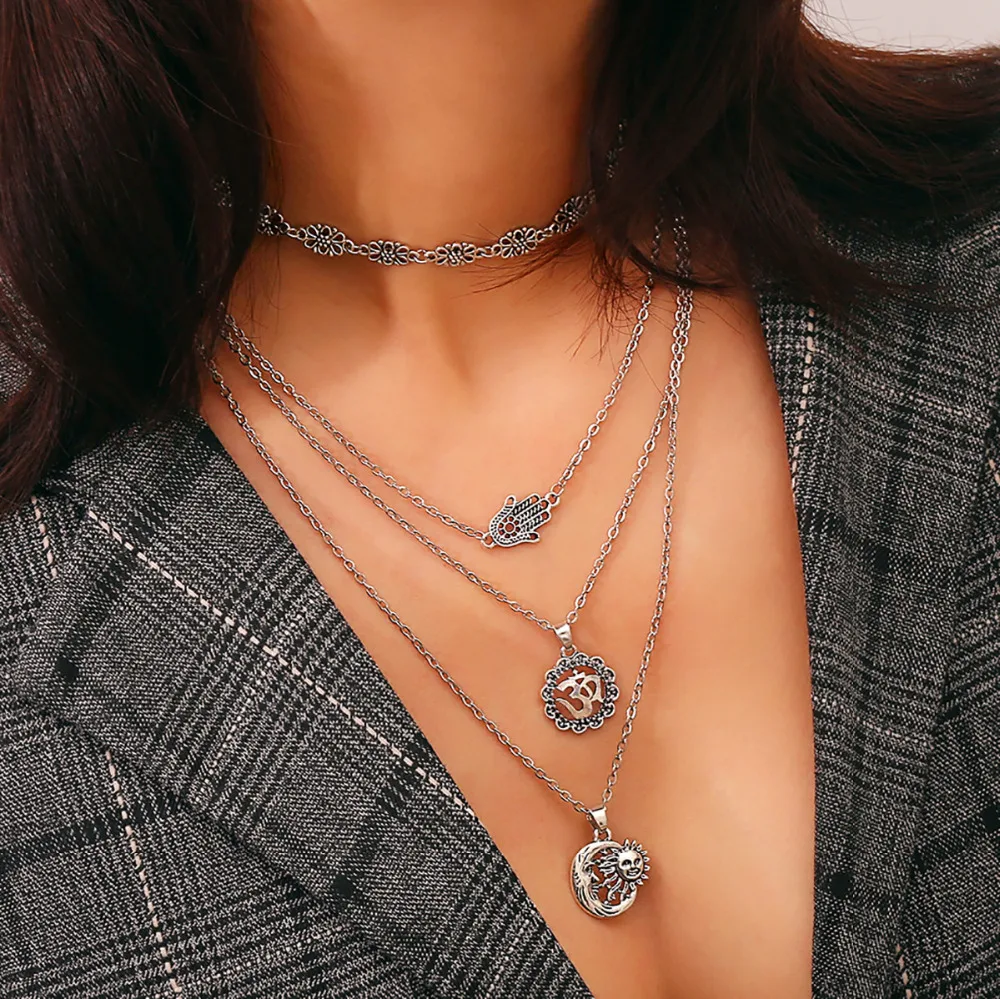 

VIVILADY Boho Vintage Silver Choker Necklace Women Hand Moon OM Yoga Multi Layers Metal Chain Ethnic Alloy Jewelry Party Gift