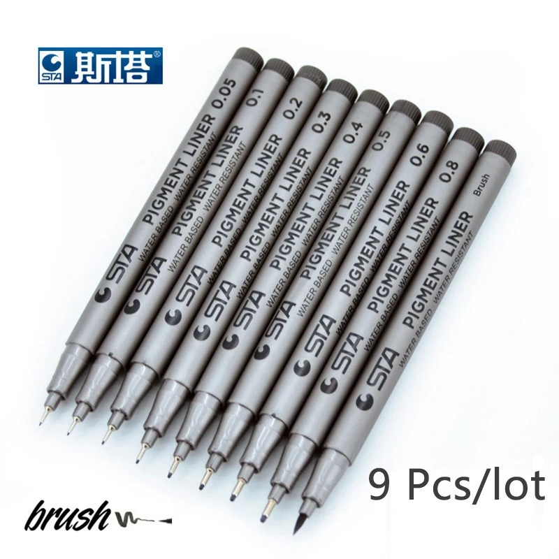 

STA9pcs/set Sketch Art Marker Pen Different Tip Sizes Black Pigment Liner Water Based For Art Supplies Stationery