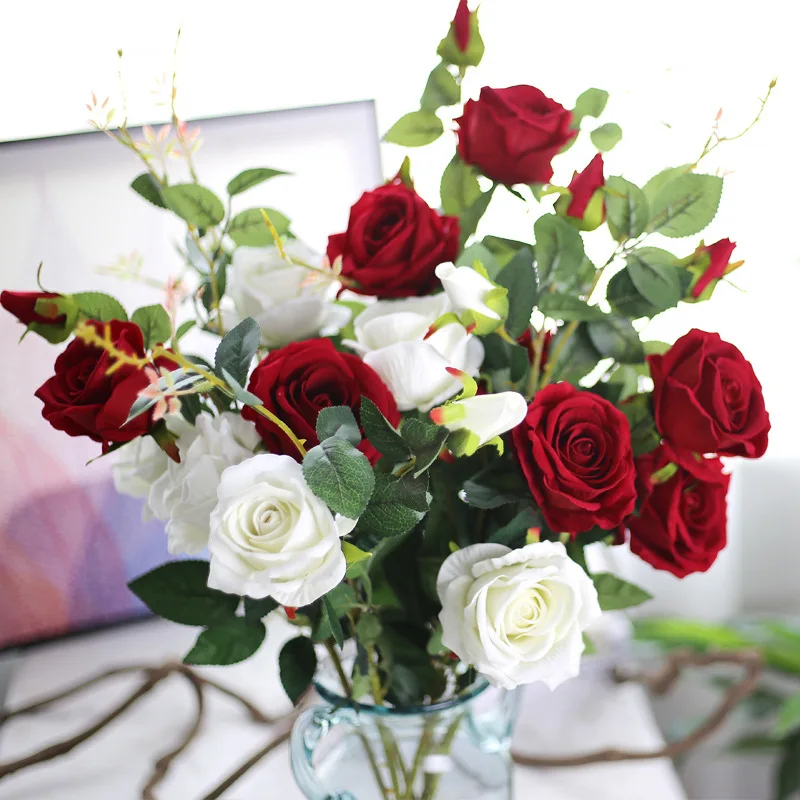 

3 heads silk Rose Flowers Decoration rose Silk Artificial Flowers branches roses for wedding bouquet decoration